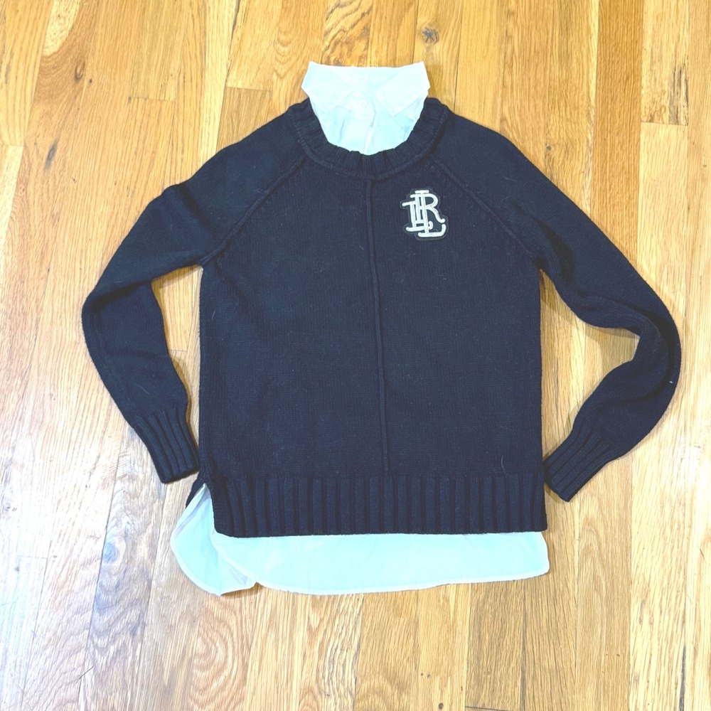 Lauren Ralph Lauren Black‎ Layered Look Sweater LRL Crest Monogram XXS
